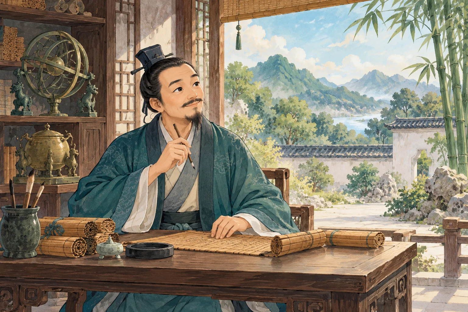 绘本中的张衡身穿青色汉服,在书卷旁思考。人物为艺术想象。