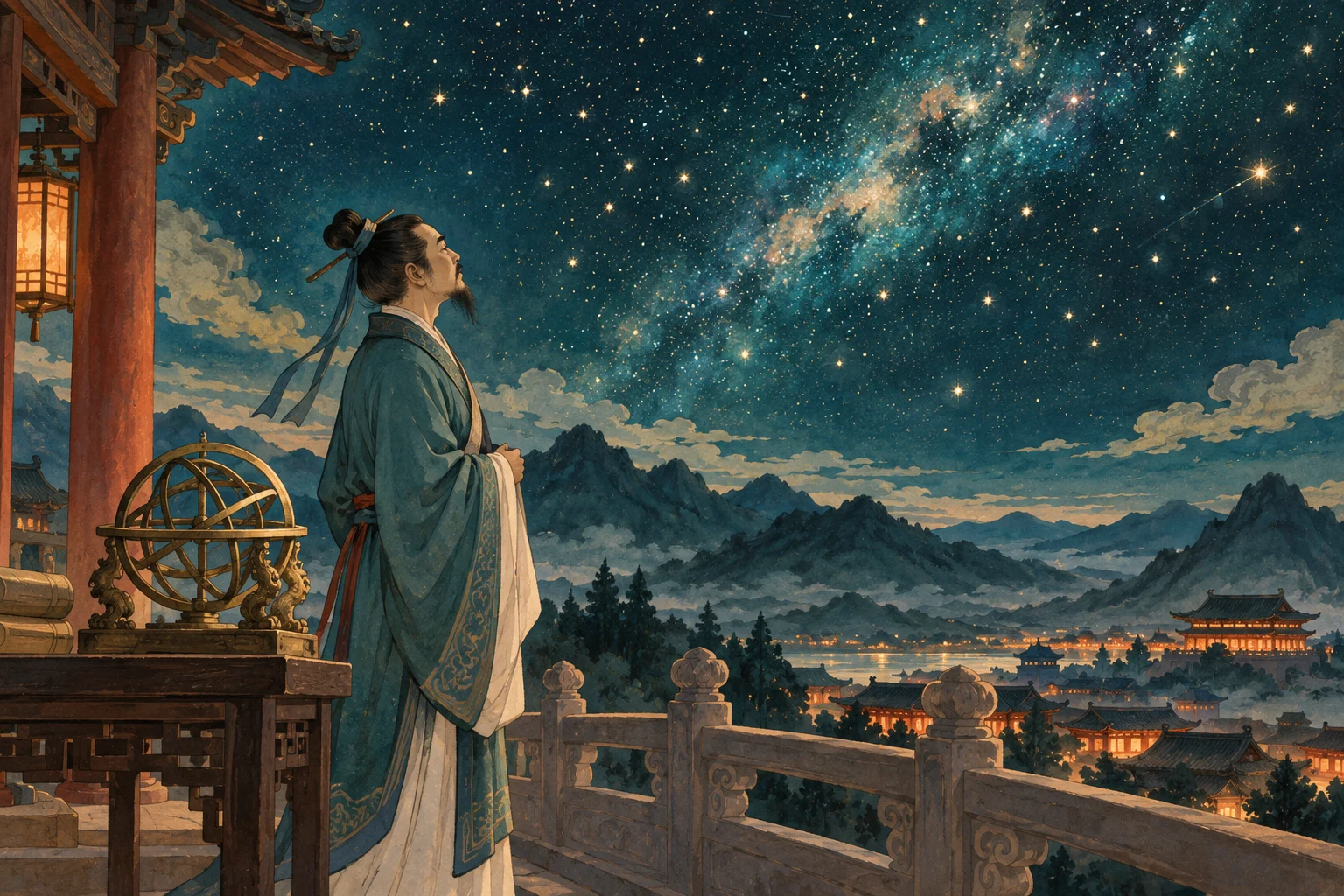 艺术想象:张衡在古代露台上观察星空。