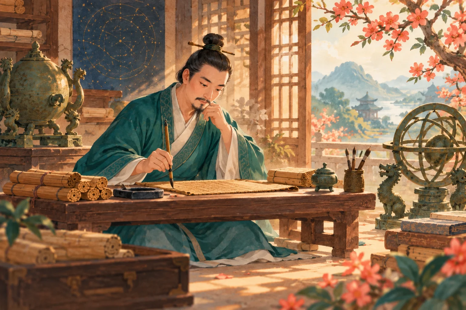 艺术想象：张衡在书房中读书写作，辅助理解《二京赋》的创作故事。